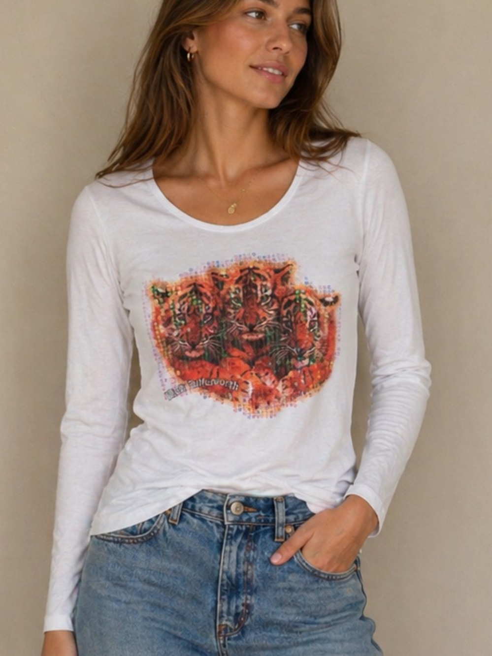 POL White Long-Sleeve Tee with Red and Orange tiger Print